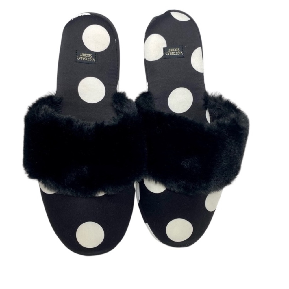 NWOB Victoria's Secret Black White Polka Dot Faux Fur Slip on Slippers Sz M